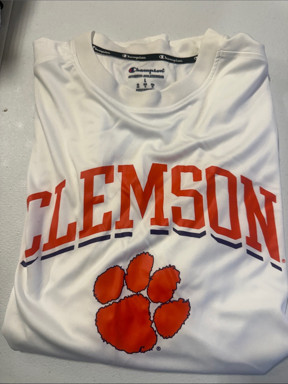 Champion White athletic Tee with Orange Clemson Paw & Lettering